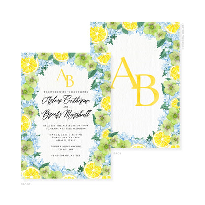 Watercolor wedding invitation with gold monogram AB and scripted couple names in lemon-floral