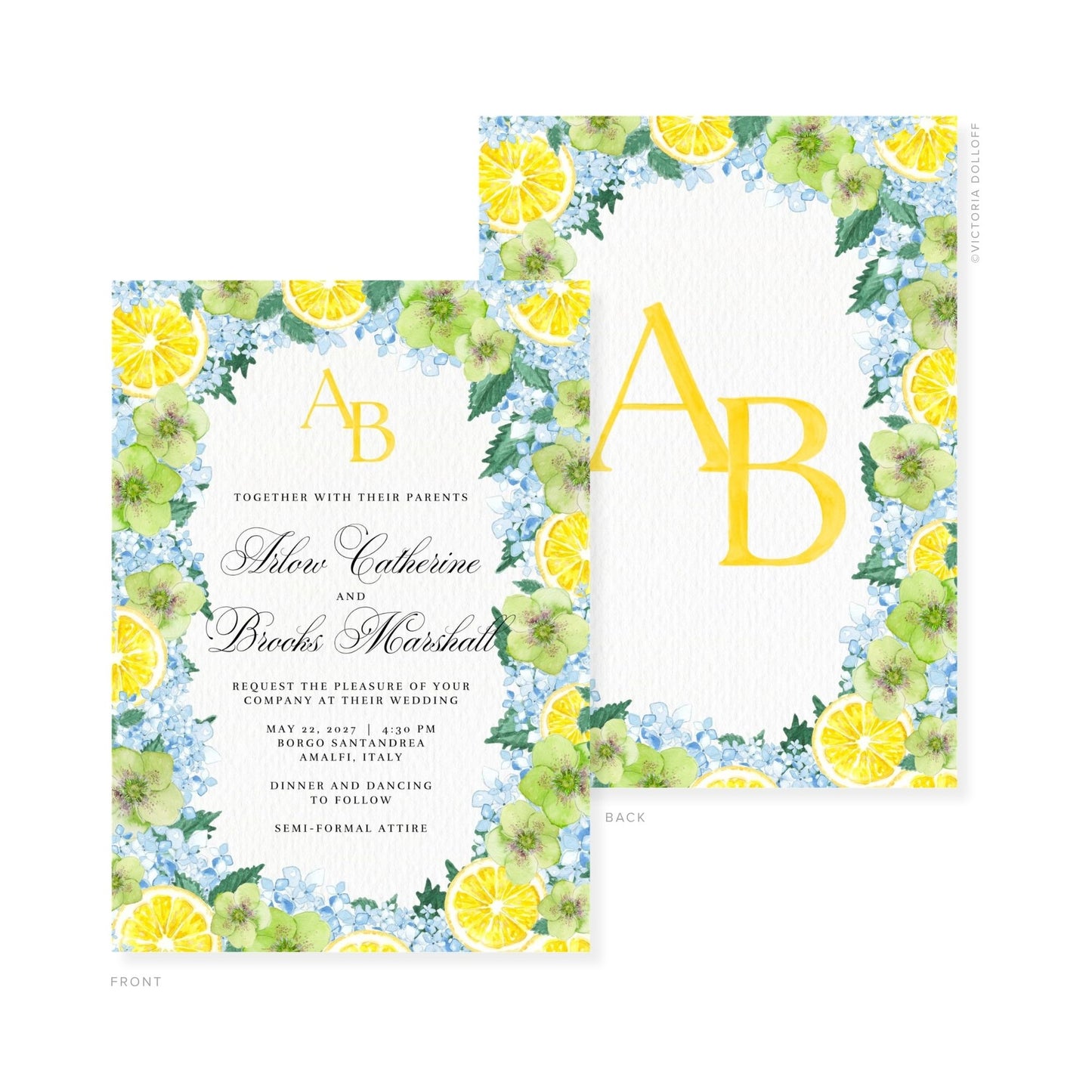 Watercolor wedding invitation front and back with gold monogram AB and lemon-floral border