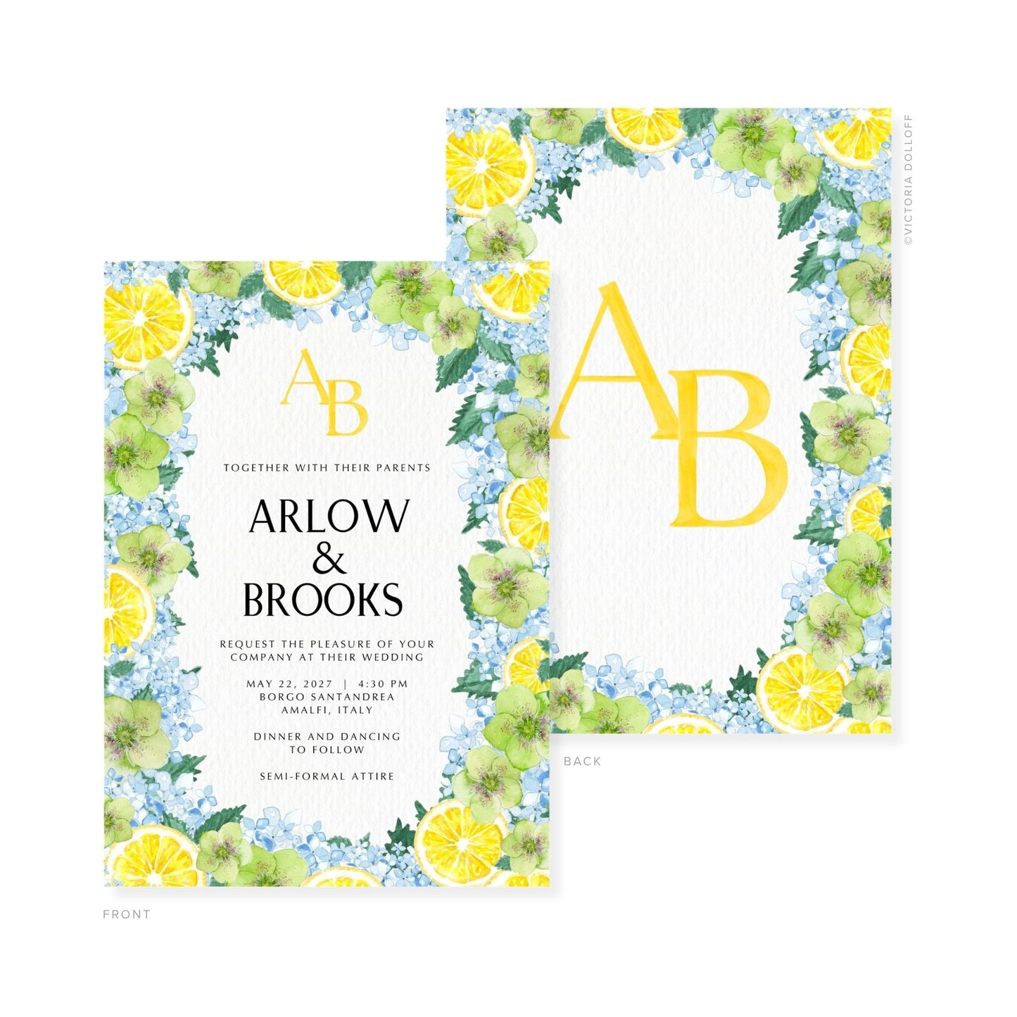Watercolor wedding invitation with gold monogram AB, “ARLOW & BROOKS,” and lemon-floral frame
