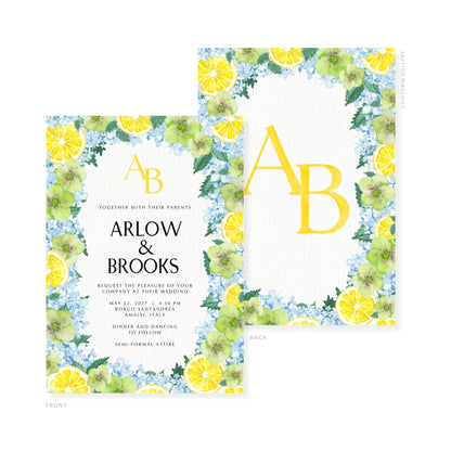 Watercolor wedding invitation with gold monogram AB, “ARLOW & BROOKS,” and lemon-floral frame