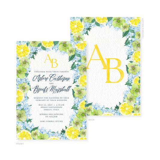 Watercolor wedding invitation set with gold monogram AB and lemon-floral wreath