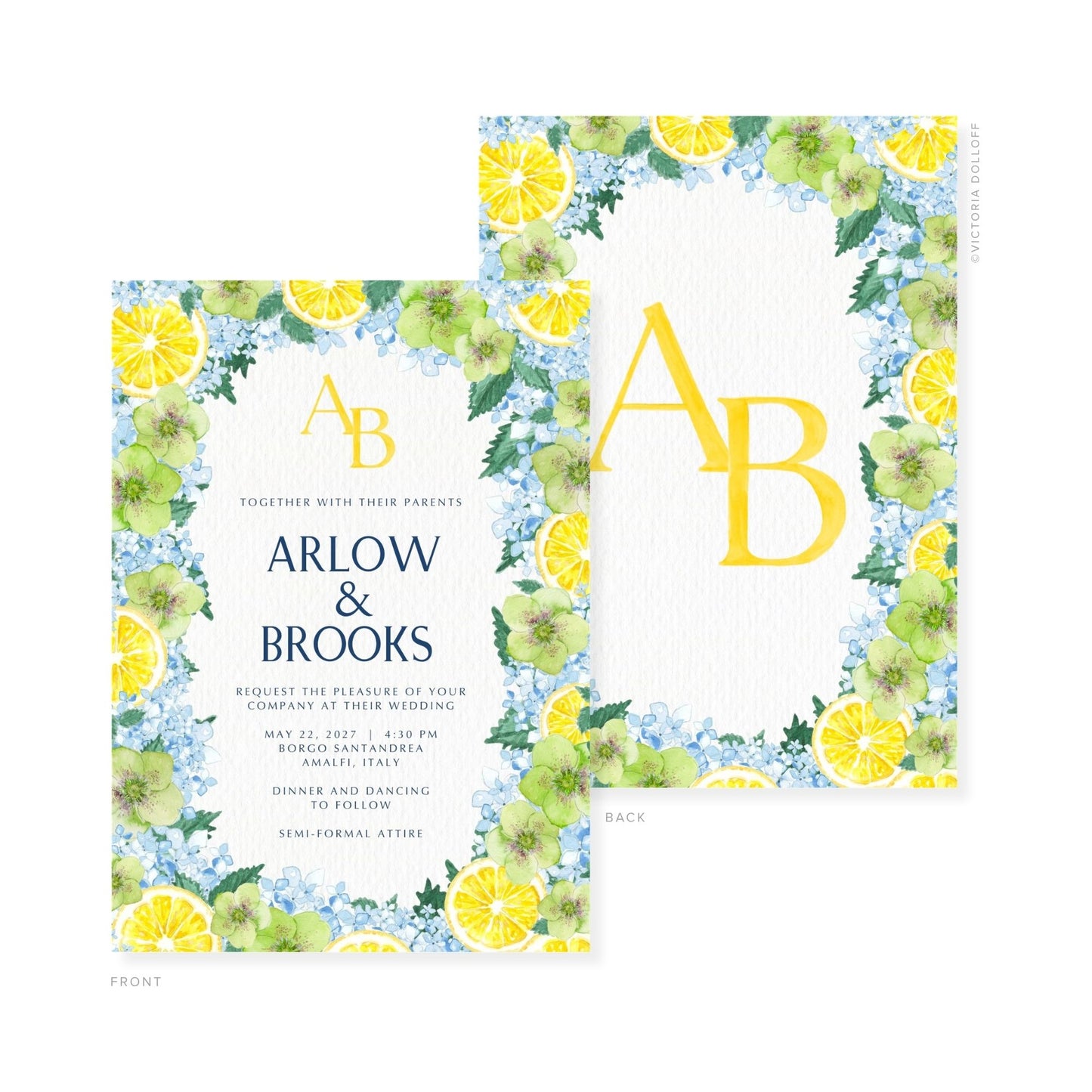 Watercolor wedding invitation with gold monogram AB and blue “ARLOW & BROOKS” text