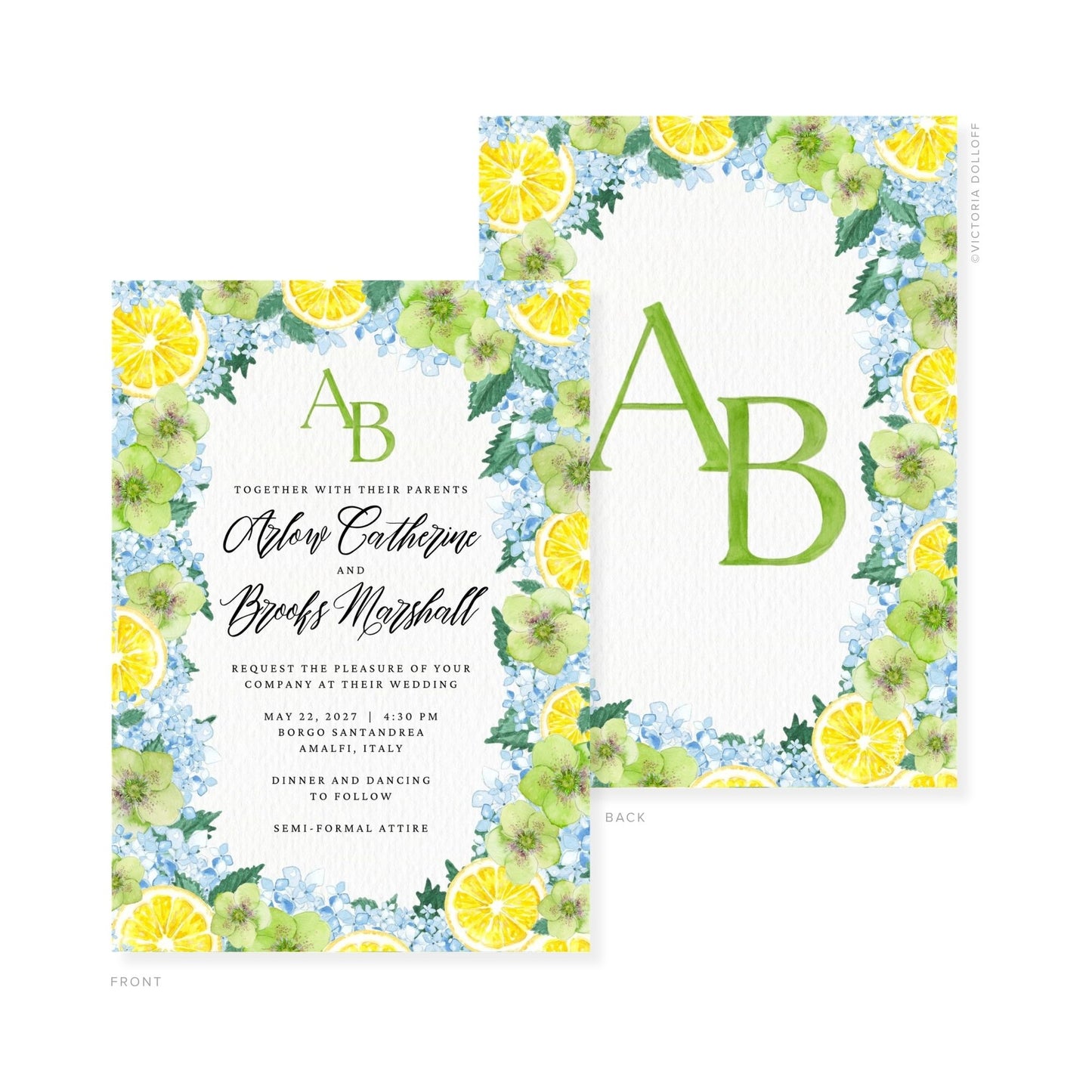 Watercolor wedding invitation set; green monogram “A” and “B” with floral lemon border.