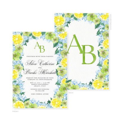 Watercolor wedding invitation set; green monogram “A” and “B” with citrus floral frame.