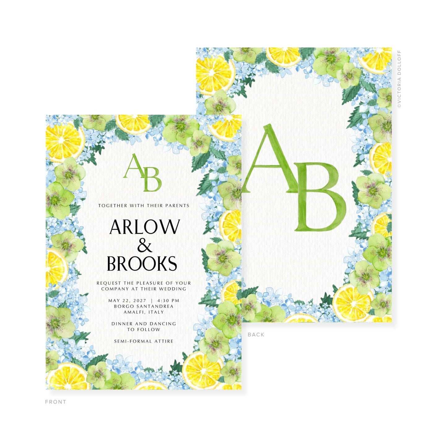 Watercolor wedding invitation set; green “A” and “B” monogram with floral lemon wreath.
