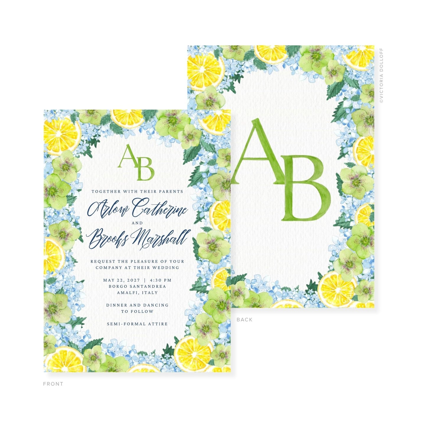 Watercolor wedding invitation set; monogram letters “A” and “B” in green, front and back.