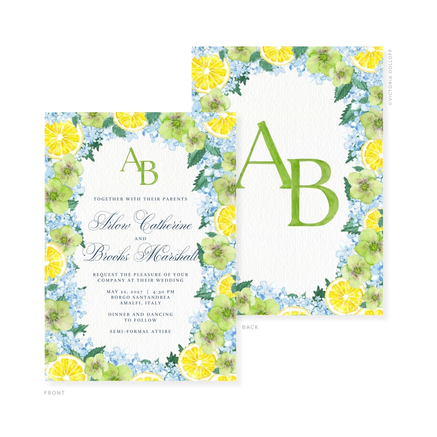 Watercolor wedding invitation set; green monogram “A” and “B” over lemon and hydrangea border.