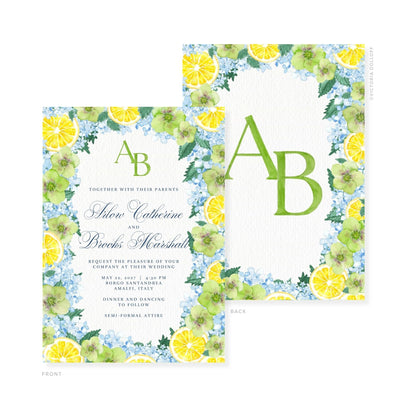 Watercolor wedding invitation set; green monogram “A” and “B” over lemon and hydrangea border.