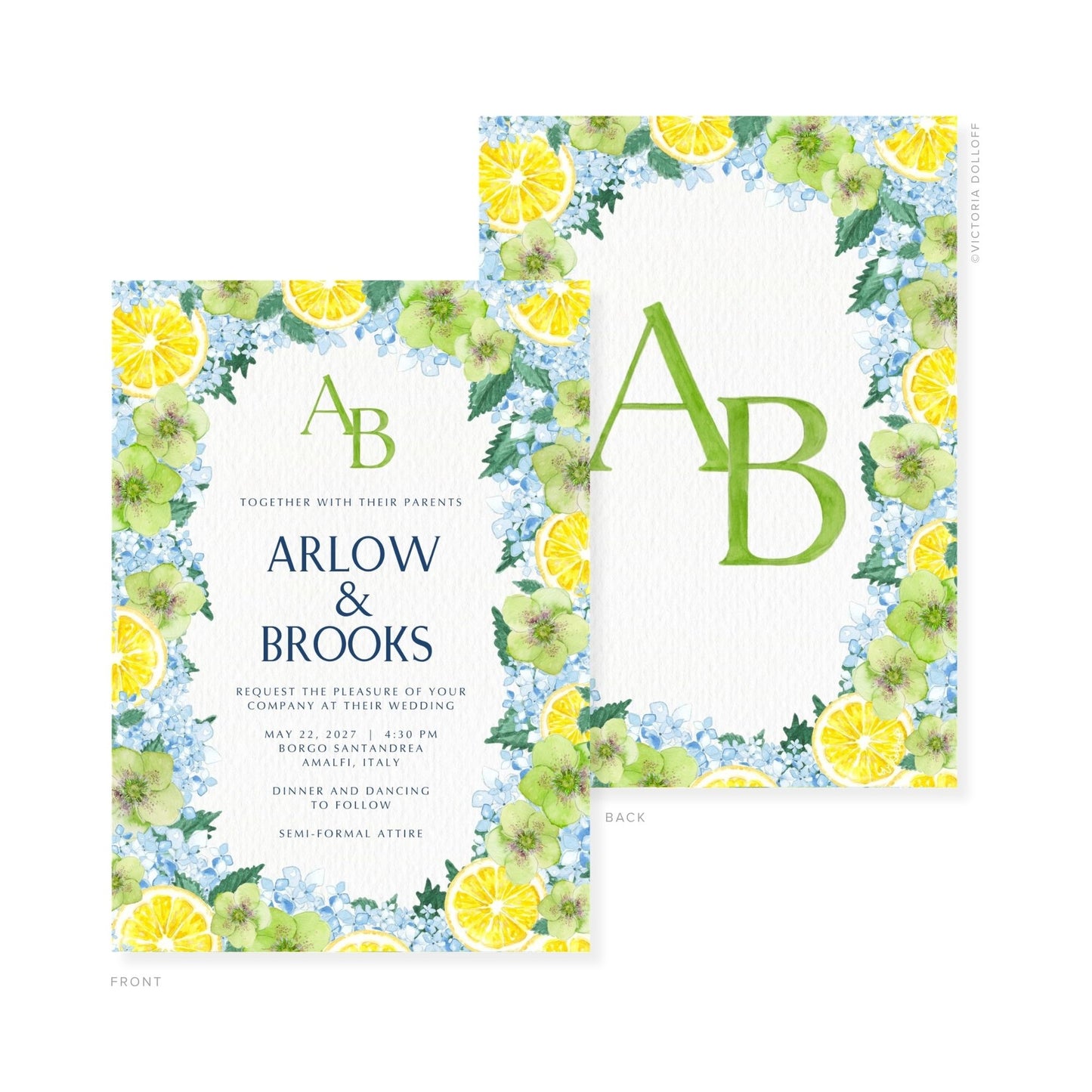 Watercolor wedding invitation set; green “A” and “B” monogram with lemon and flower border.