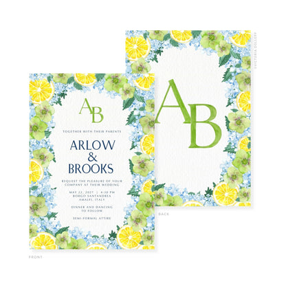 Watercolor wedding invitation set; green “A” and “B” monogram with lemon and flower border.