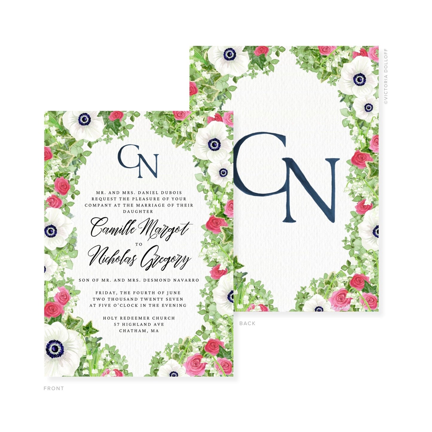 Camille Collection Wasserfarben-Hochzeitskarte, floral umrahmt, „GN“ in Mitternachtsblau