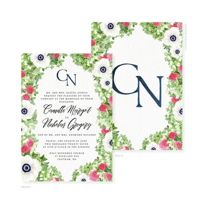 Camille Collection Wasserfarben-Hochzeitskarte, floral umrahmt, „GN“ in Mitternachtsblau
