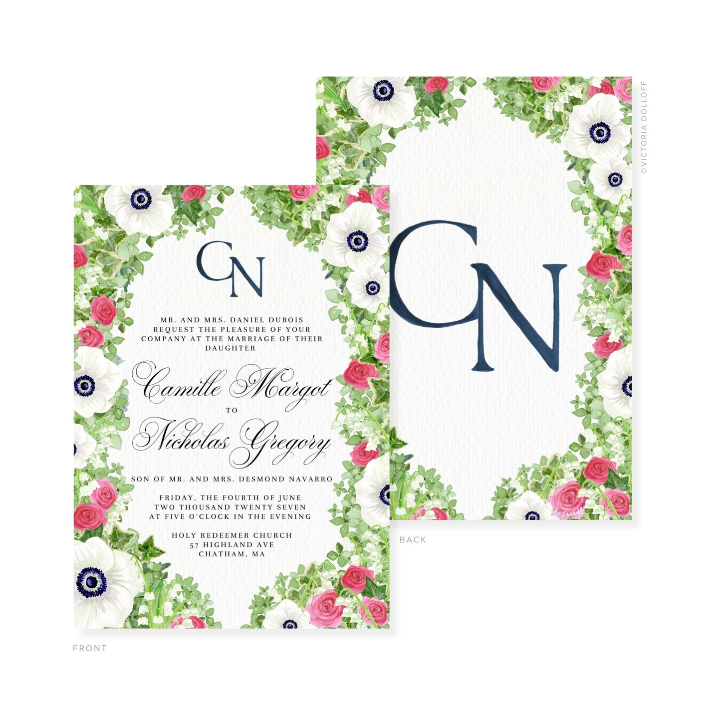 Camille Collection Wasserfarben-Hochzeitskarte mit Aquarell-Blumen, Monogramm „GN“ in Mitternachtsblau