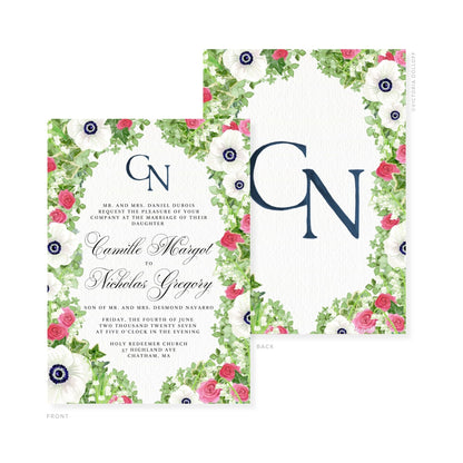 Camille Collection Wasserfarben-Hochzeitskarte mit Aquarell-Blumen, Monogramm „GN“ in Mitternachtsblau