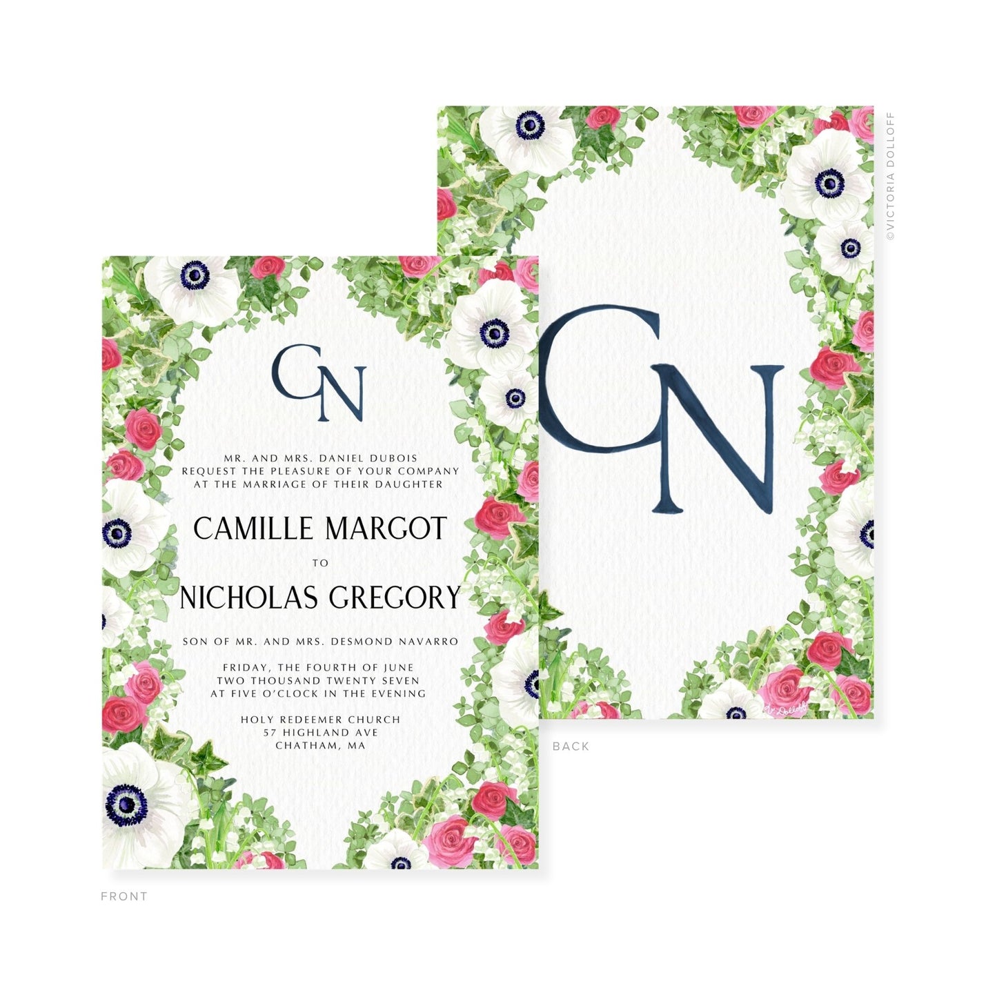 Camille Collection Wasserfarben-Hochzeitskarte mit Blumenrahmen, Monogramm „GN“ in Mitternachtsblau