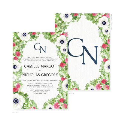 Camille Collection Wasserfarben-Hochzeitskarte mit Blumenrahmen, Monogramm „GN“ in Mitternachtsblau