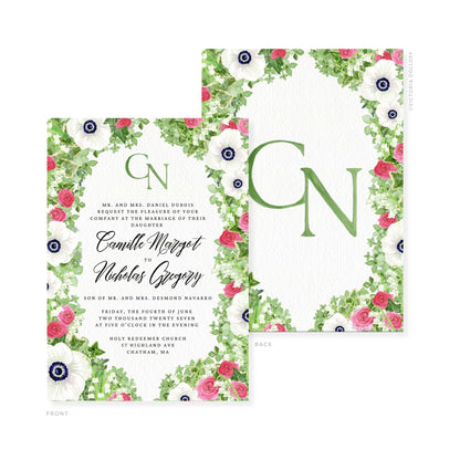 Floral watercolor wedding invitation, green monogram centered on front panel and back