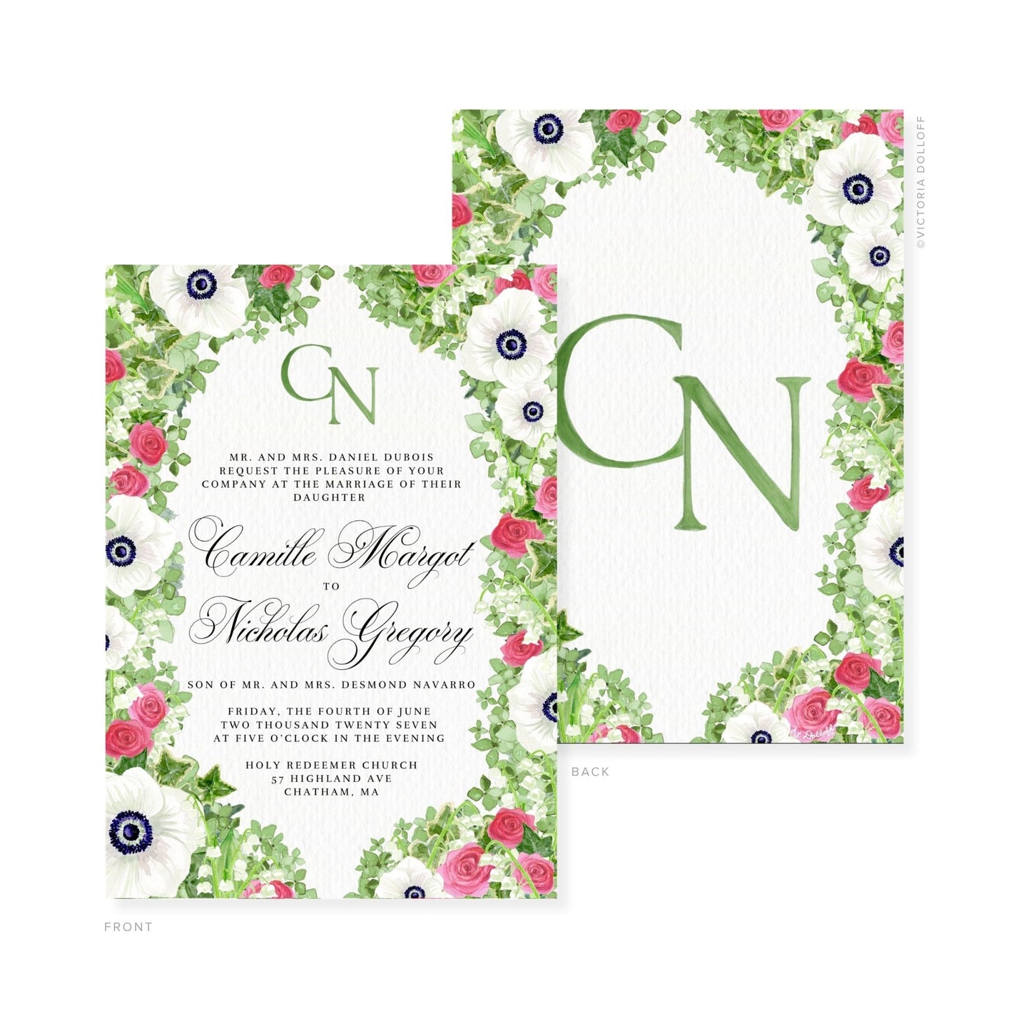 Floral watercolor wedding invitation set with green monogram and pink roses