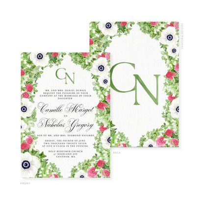 Floral watercolor wedding invitation set with green monogram and pink roses