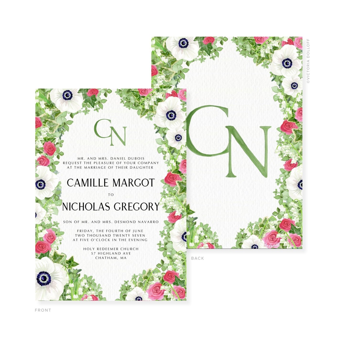Floral watercolor wedding invitation with green monogram CN and decorative flower corners