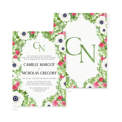 Floral watercolor wedding invitation with green monogram CN and decorative flower corners