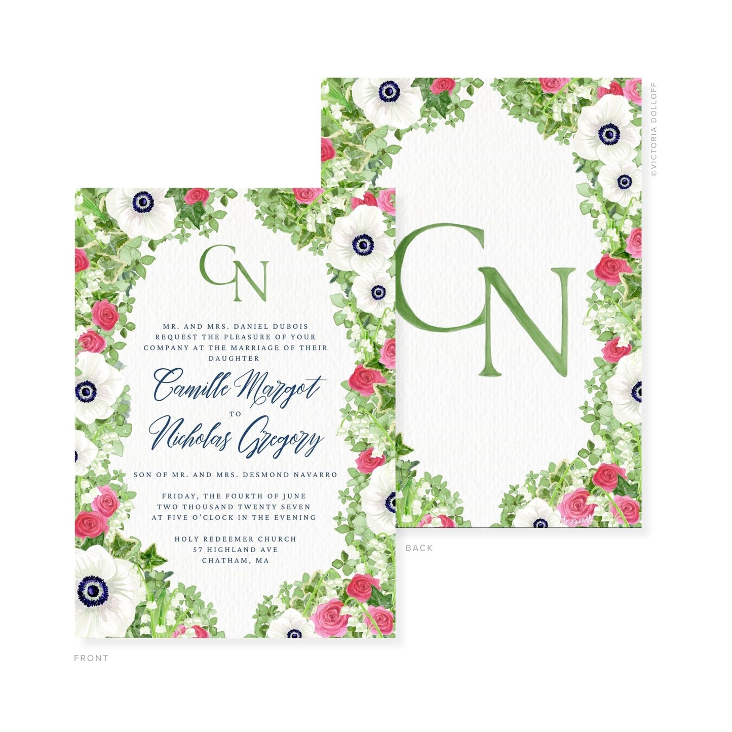 Floral watercolor wedding invitation with green monogram letters on front and back