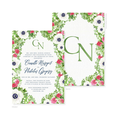 Floral watercolor wedding invitation with green monogram letters on front and back