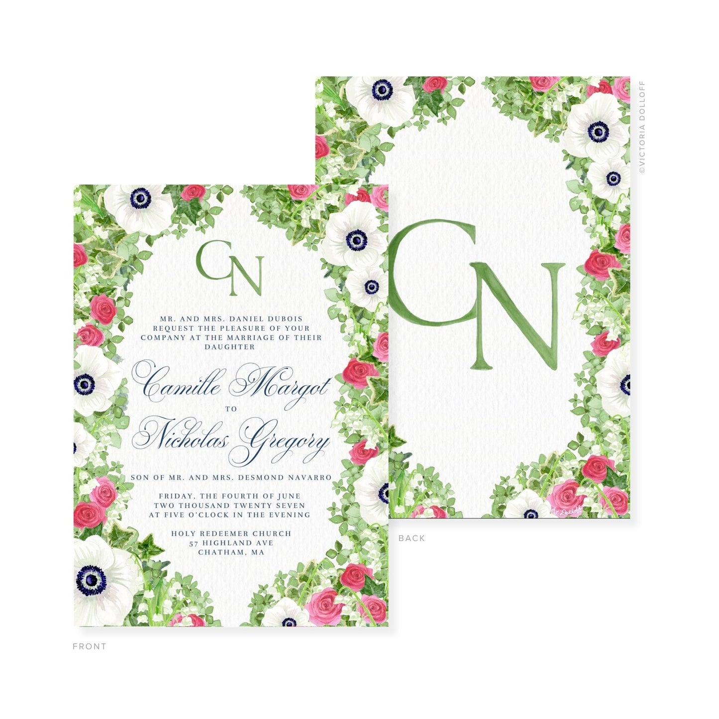 Floral watercolor wedding invitation with green monogram letters and floral wreath border