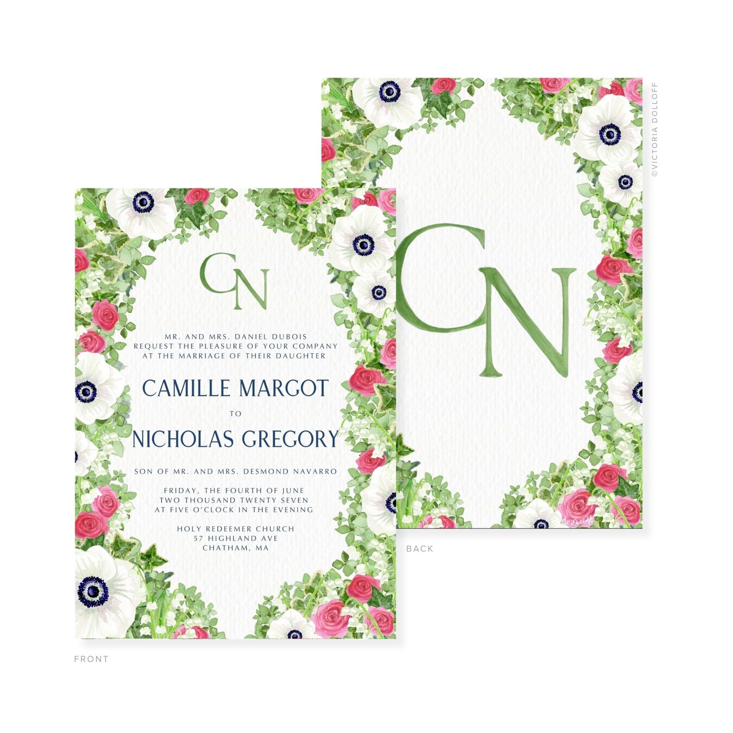 Floral watercolor wedding invitation with green monogram letters, front and back shown