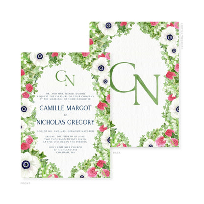 Floral watercolor wedding invitation with green monogram letters, front and back shown