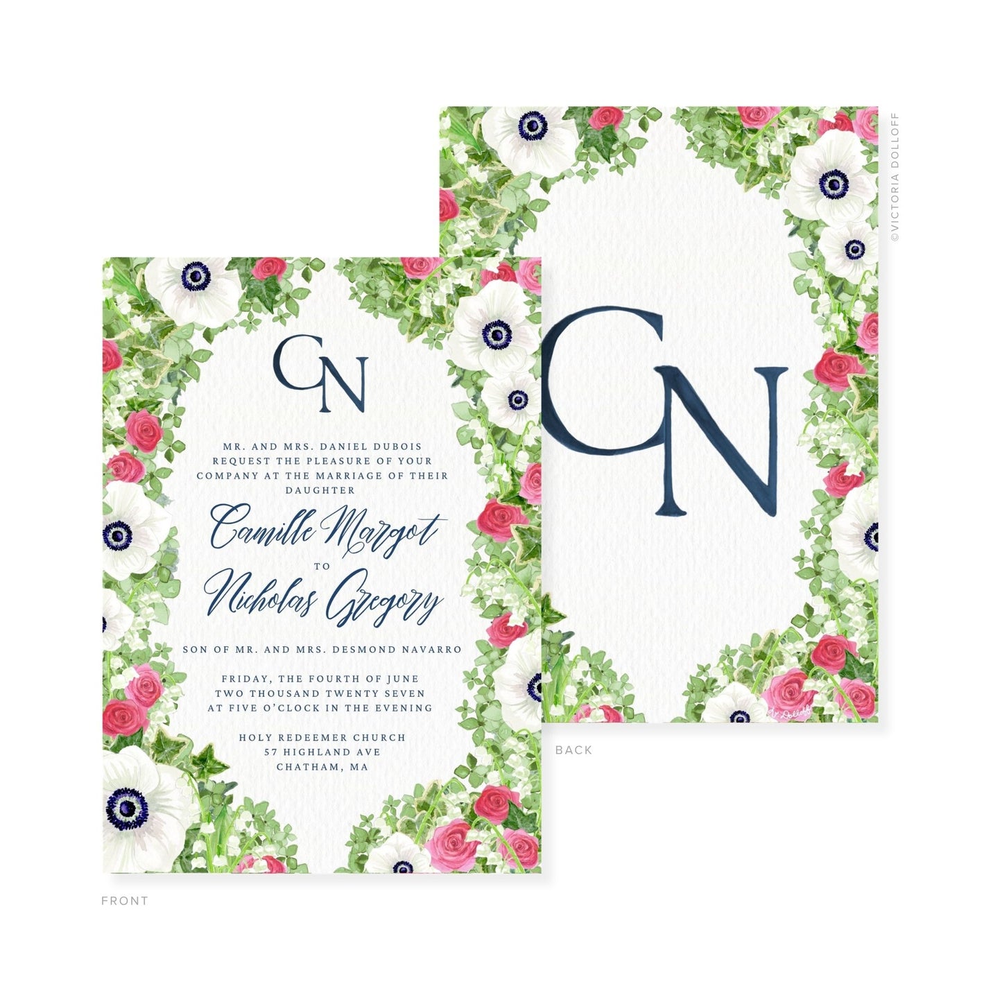 Camille Collection Wasserfarben-Hochzeitskarte mit Blumenrahmen, Monogramm „GN“ in Mitternachtsblau
