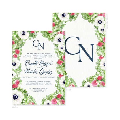 Camille Collection Wasserfarben-Hochzeitskarte mit Blumenrahmen, Monogramm „GN“ in Mitternachtsblau