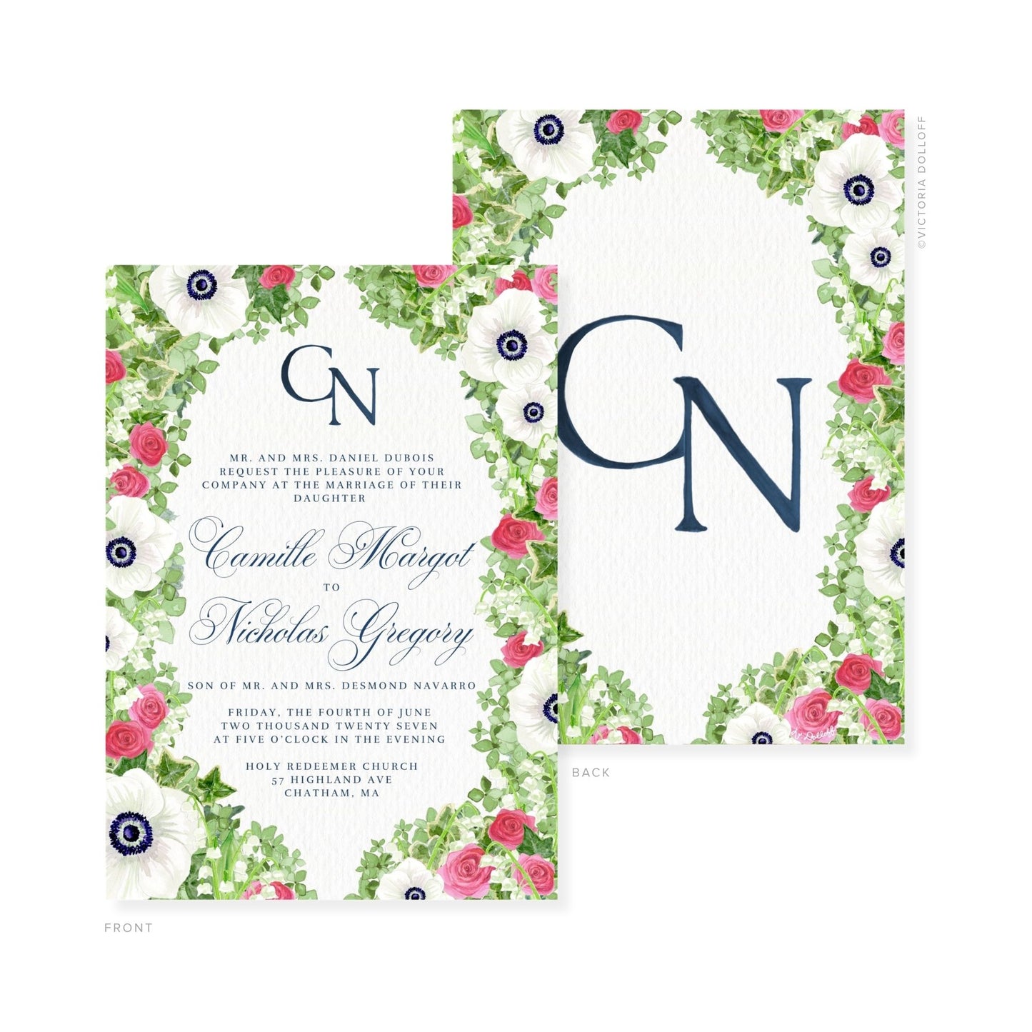 Camille Collection Wasserfarben-Hochzeitskarte mit Blumenkranz, Monogramm „GN“ in Mitternachtsblau