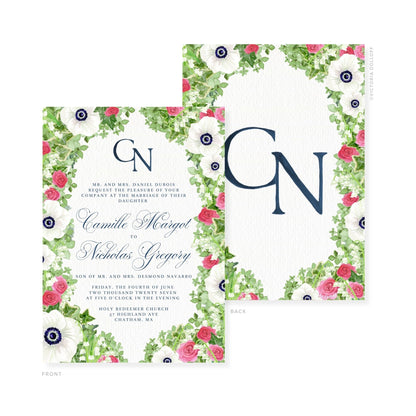 Camille Collection Wasserfarben-Hochzeitskarte mit Blumenkranz, Monogramm „GN“ in Mitternachtsblau