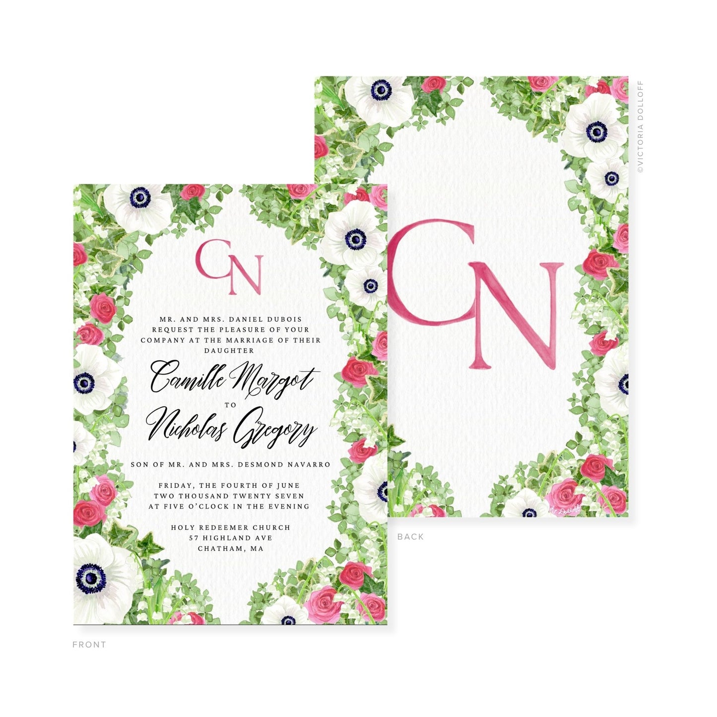 Floral watercolor wedding invitation set with pink monogram CN and rose floral border