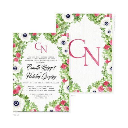 Floral watercolor wedding invitation set with pink monogram CN and rose floral border