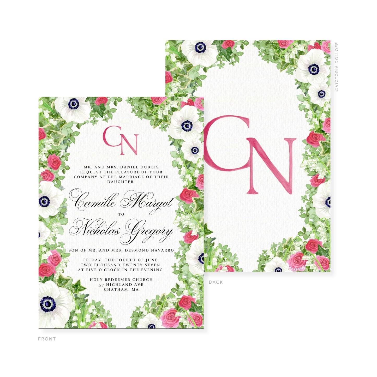 Camille Collection Wasserfarben-Hochzeitskarte, Blumenrahmen und Monogramm „GN“ in Rosé-Pink