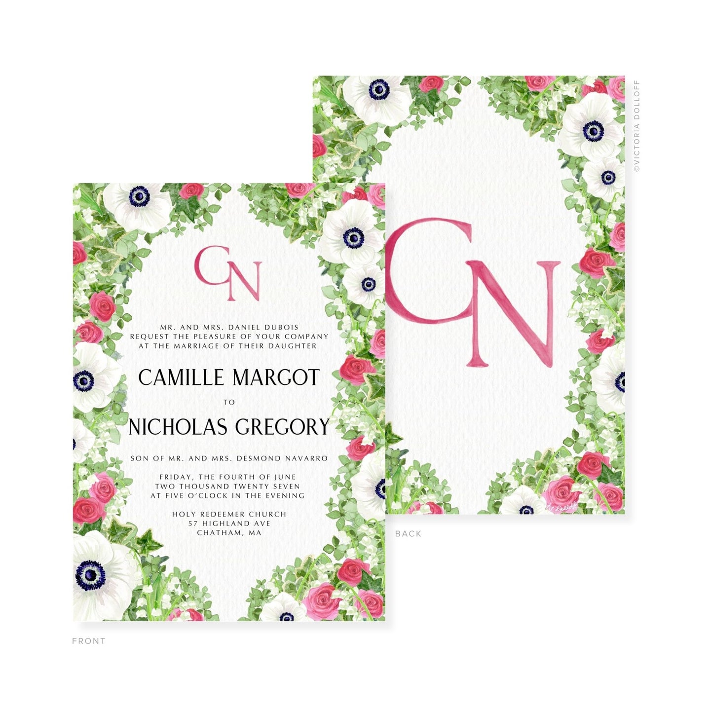 Camille Collection Wasserfarben-Hochzeitskarte, floral umrahmt, Monogramm „GN“ in Rosé-Pink