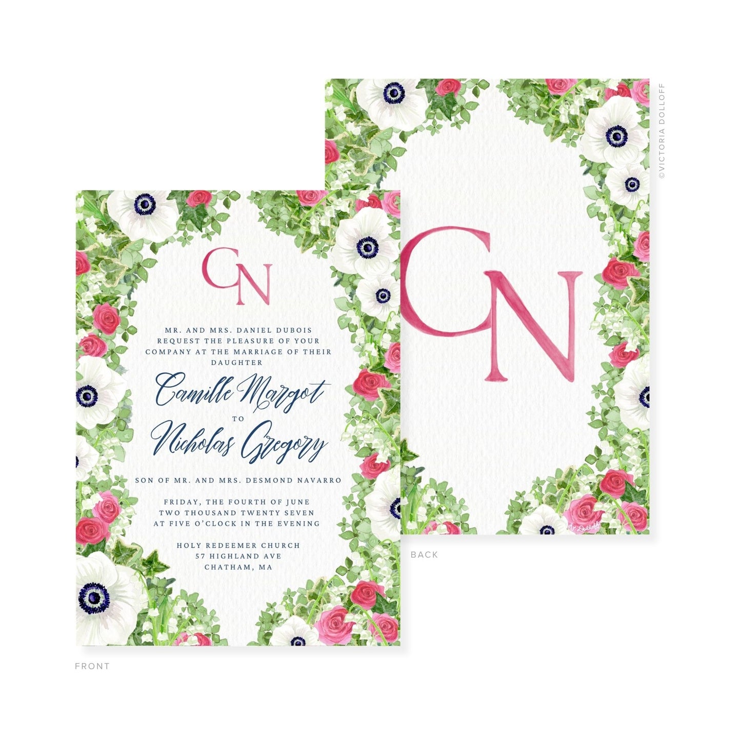 Floral watercolor wedding invitation with pink monogram letters on front and back