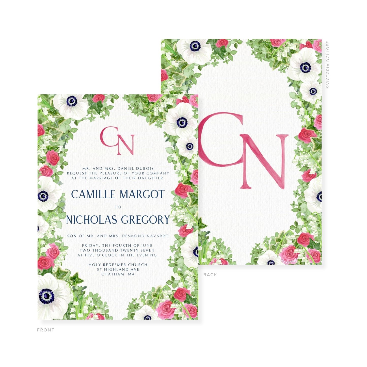 Camille Collection Wasserfarben-Hochzeitskarte mit Blumenrahmen, „GN“ in Rosé-Pink