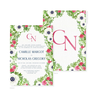 Camille Collection Wasserfarben-Hochzeitskarte mit Blumenrahmen, „GN“ in Rosé-Pink
