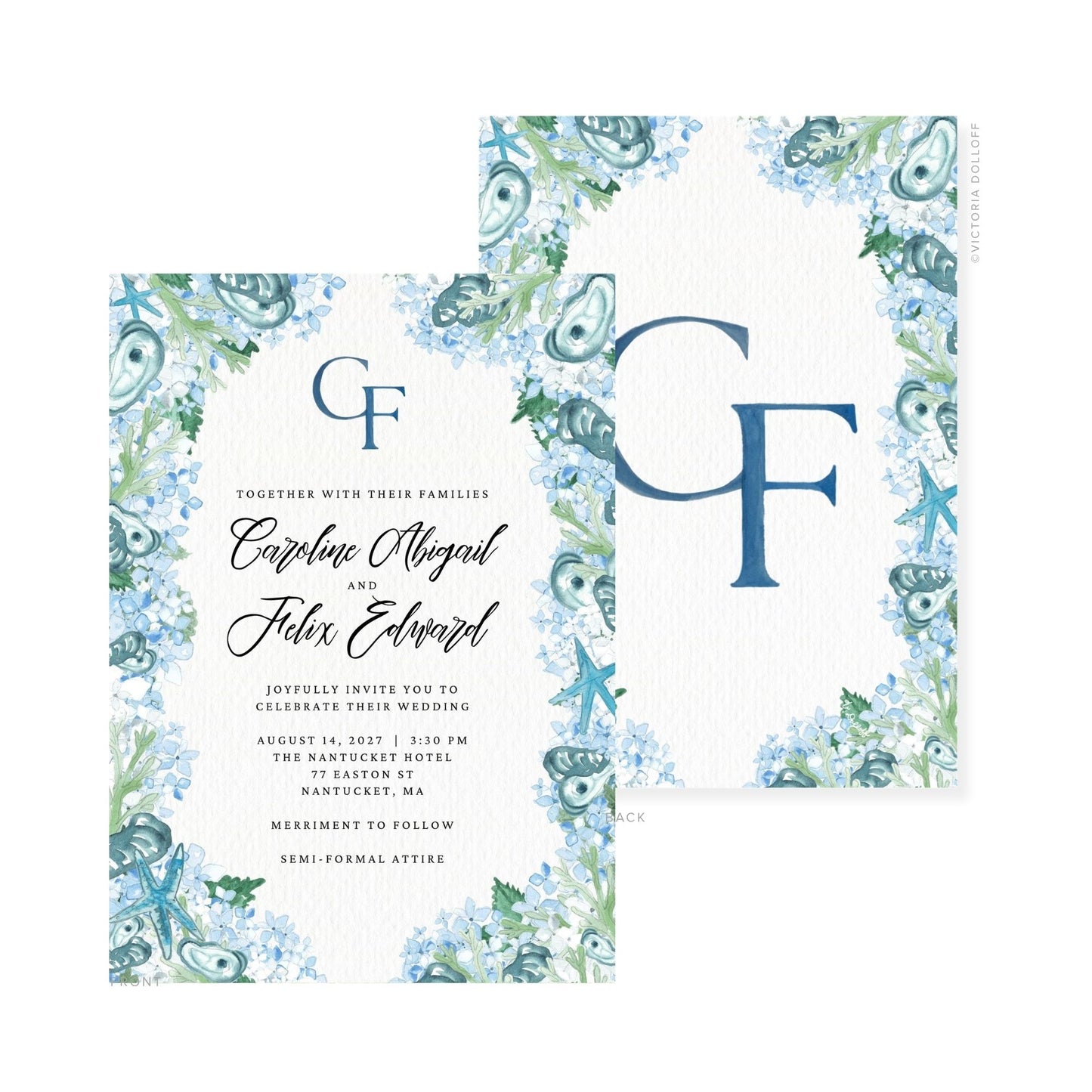 Watercolor wedding invitation, ocean-blue floral corners with monogram F (front and back)