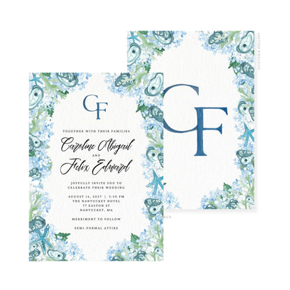 Watercolor wedding invitation, ocean-blue floral corners with monogram F (front and back)