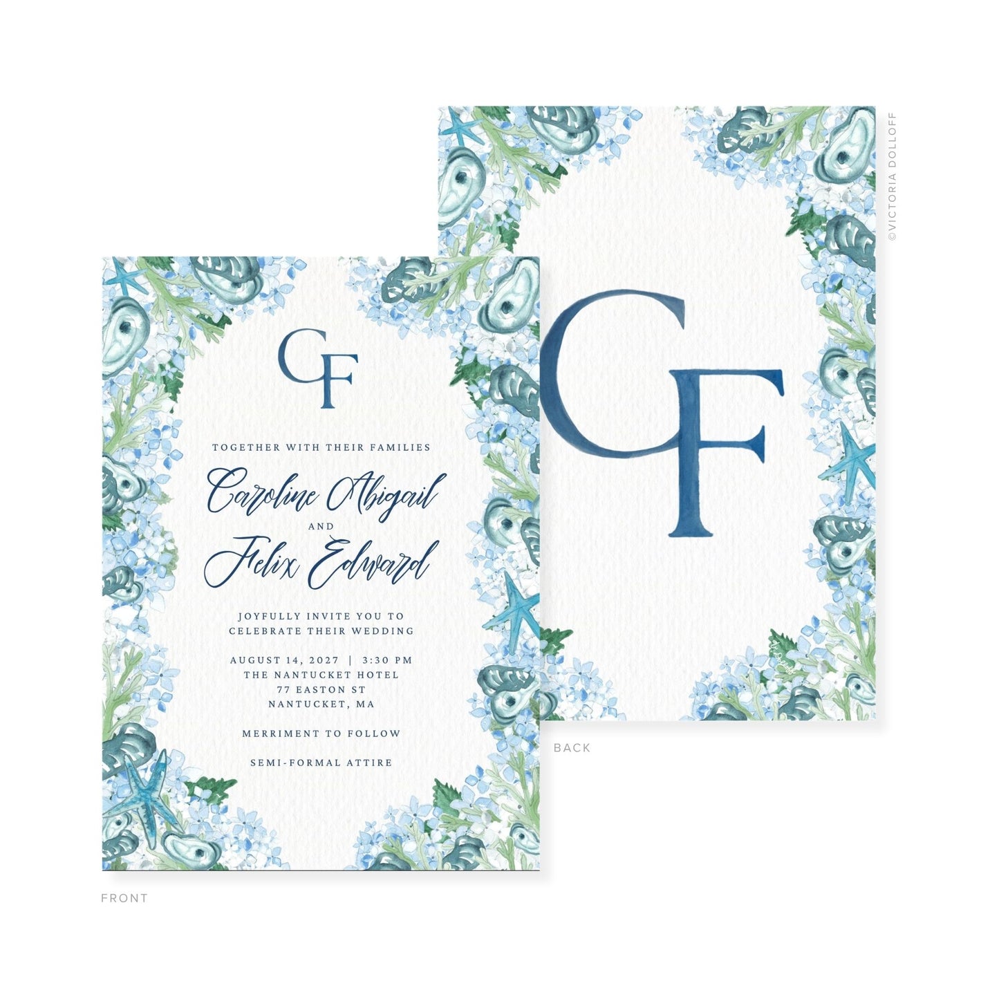 Watercolor wedding invitation with monogram CF, blue floral corner motifs on both sides