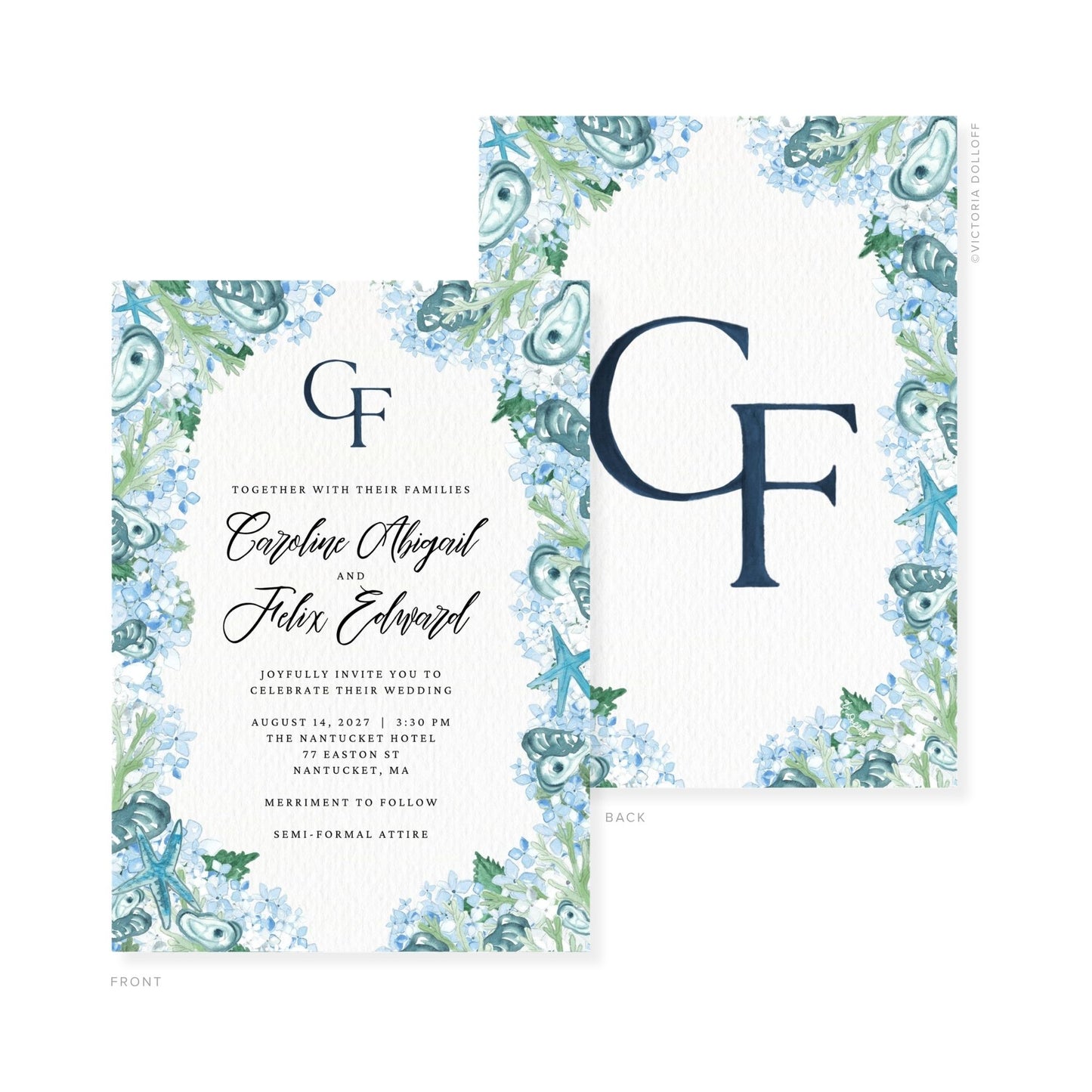 Wedding invitation featuring blue monogram GF, floral frame, and event wording on the front