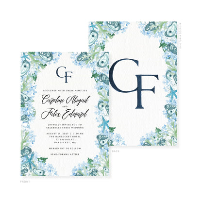 Wedding invitation featuring blue monogram GF, floral frame, and event wording on the front