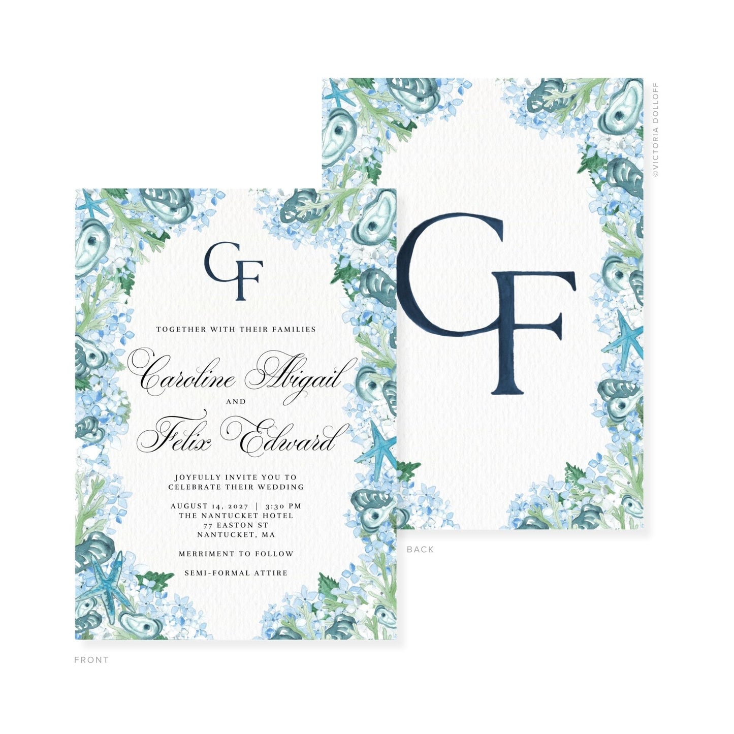 Watercolor wedding invitation with blue monogram GF, floral accents, and couple names on the front