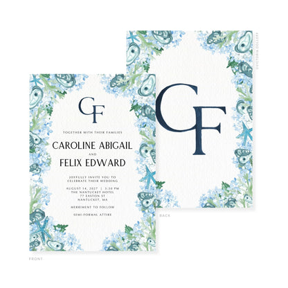 Wedding invitation set showing front and back cards, blue floral border and monogram GF