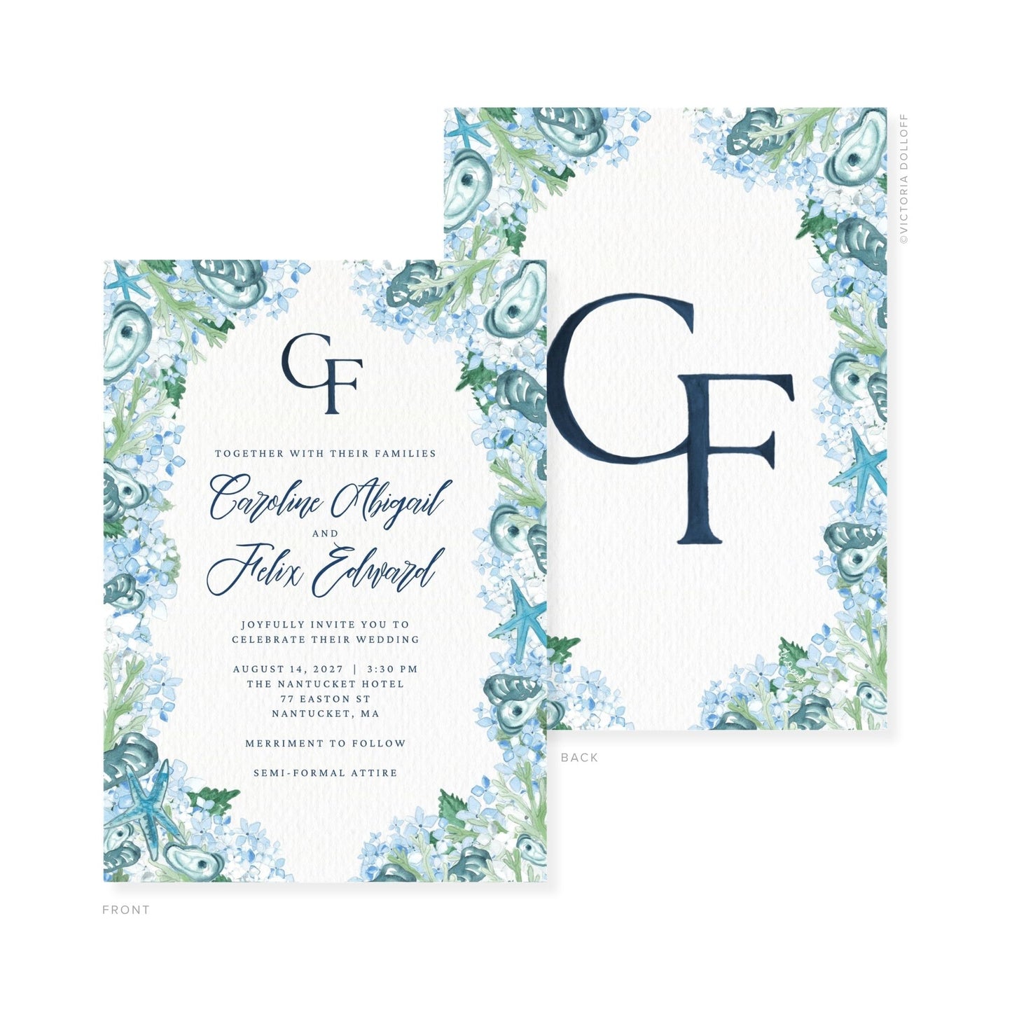 Wedding invitation front with blue monogram GF, floral watercolor corners, and ceremony details