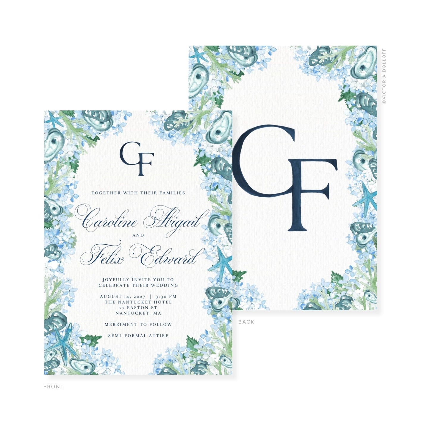 Watercolor wedding invitation with blue floral border, monogram GF, and couple names on front